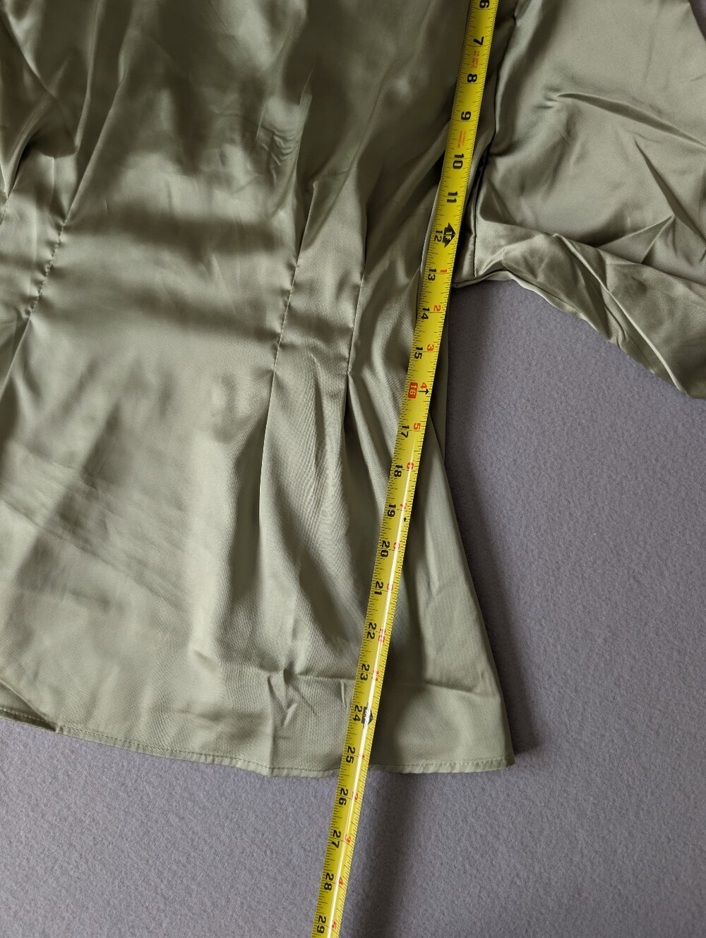 Satin Tailored Sage Green Long Sleeve V Neck Blouse Quiet Luxury Smocked Sz XXL image 7